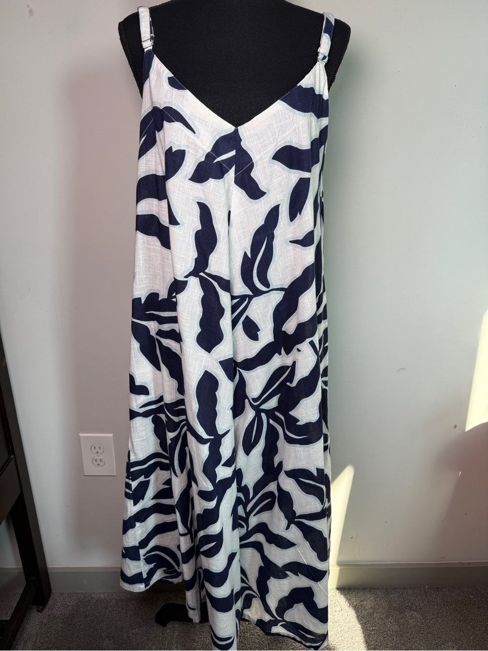 Dolma Navy Leaf Print Wide Leg Cotton Jumpsuit Boho Sz L